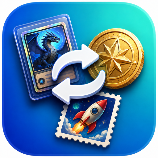 SwapStash icon showing a card, coin and stamp being exchanged